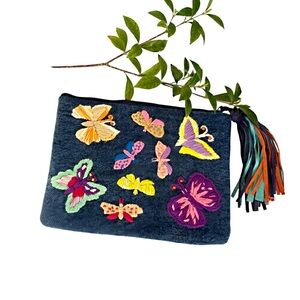 Anthropologie Raj Boho Embroidered Butterfly Clutch Tassel Fringe NWOT